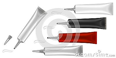 Set of 5 tubes with long nozzle and silver cap. Red, white, black. Cosmetic packaging. Serum or ointment. Gel or cream. Cartoon Illustration